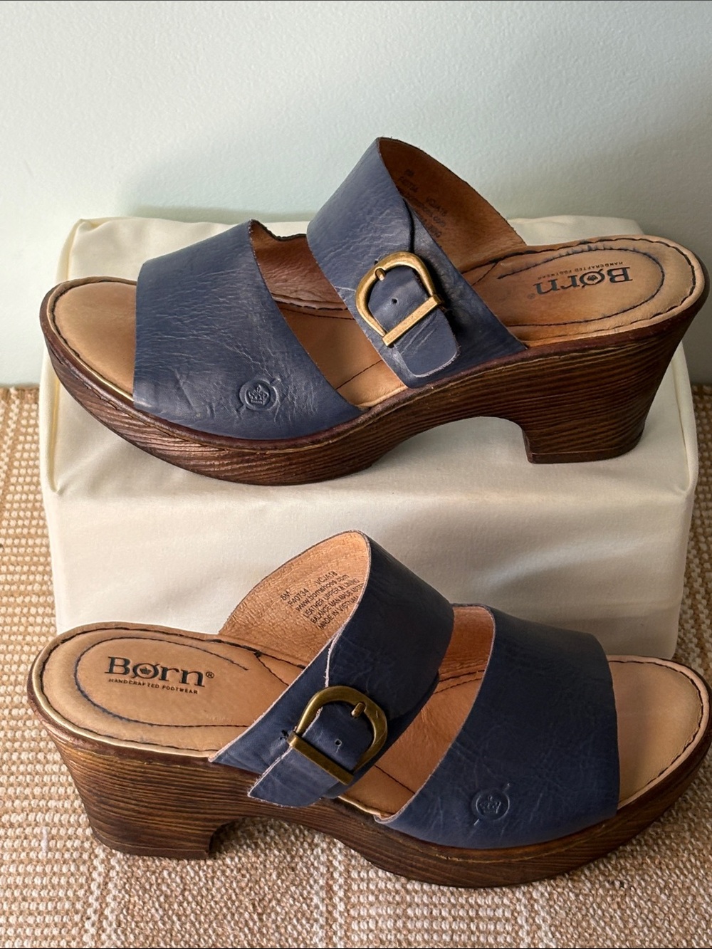 Born Navy Blue Leather Double-Strap Wedge Sandals; Adjustable buckles Size-8 - Picture 4 of 12